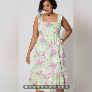 Torrid Poplin Tiered Ruffle Strap Dress, green pink floral print